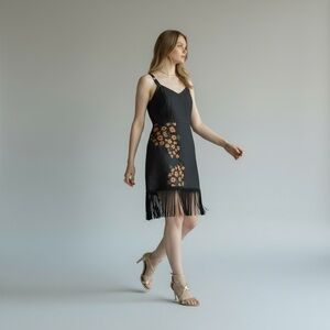 EDDY Molly Beaded Floral Fringe Dress Black Lace Up Corset Mini Cotton Size 12